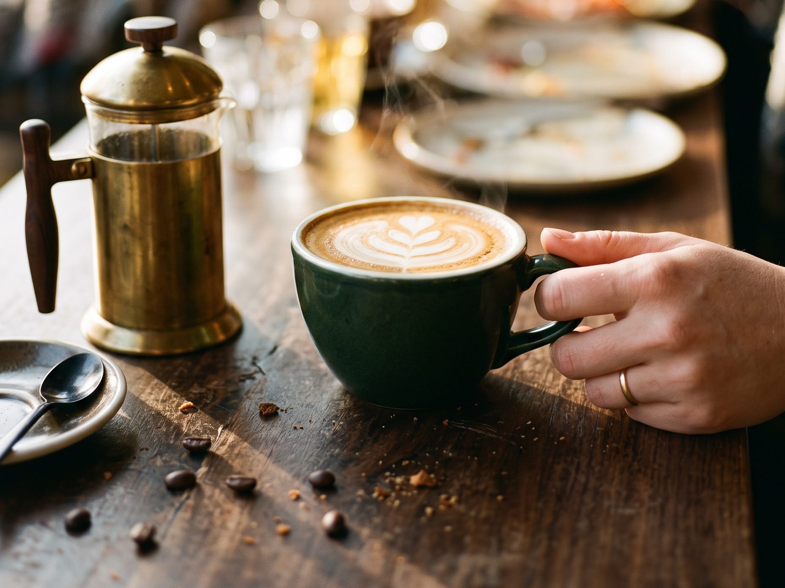A freshly made flat white with latte art in a dark green cup, a hand resting on its handle, beside a brass cafetière on a wooden table with a brunch table softly out of focus behind